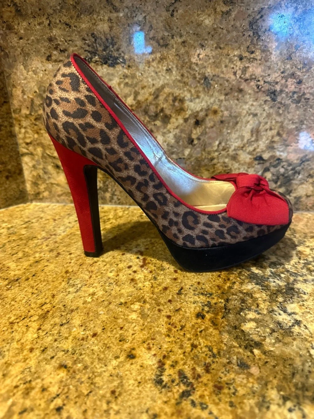 Guess Leopard Print Platform Pumps with Red Trim and Bow